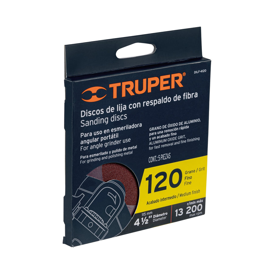 Disco lija 4-1/2" con respaldo de fibra grano 120 TRUPER