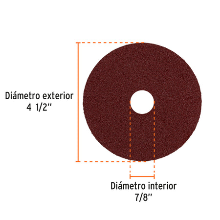 Disco de lija 4-1/2" con respaldo de fibra grano 50 TRUPER