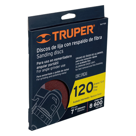 Disco de lija de 7" con respaldo de fibra grano 120 TRUPER
