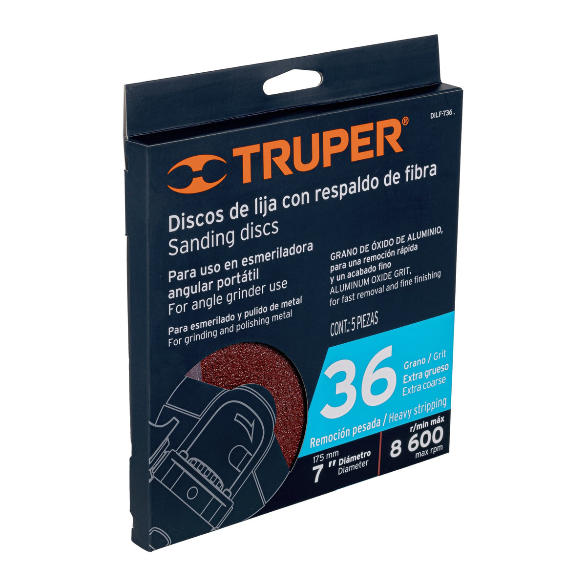 Disco de lija de 7" con respaldo de fibra grano 36 TRUPER