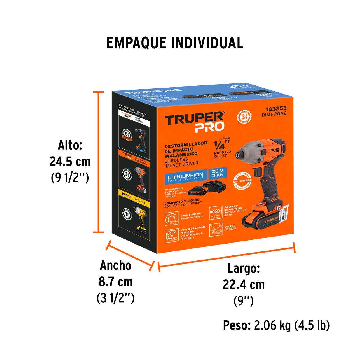 Destornillador de impacto 1/4" 20V 1 bateria 2Ah PRO
