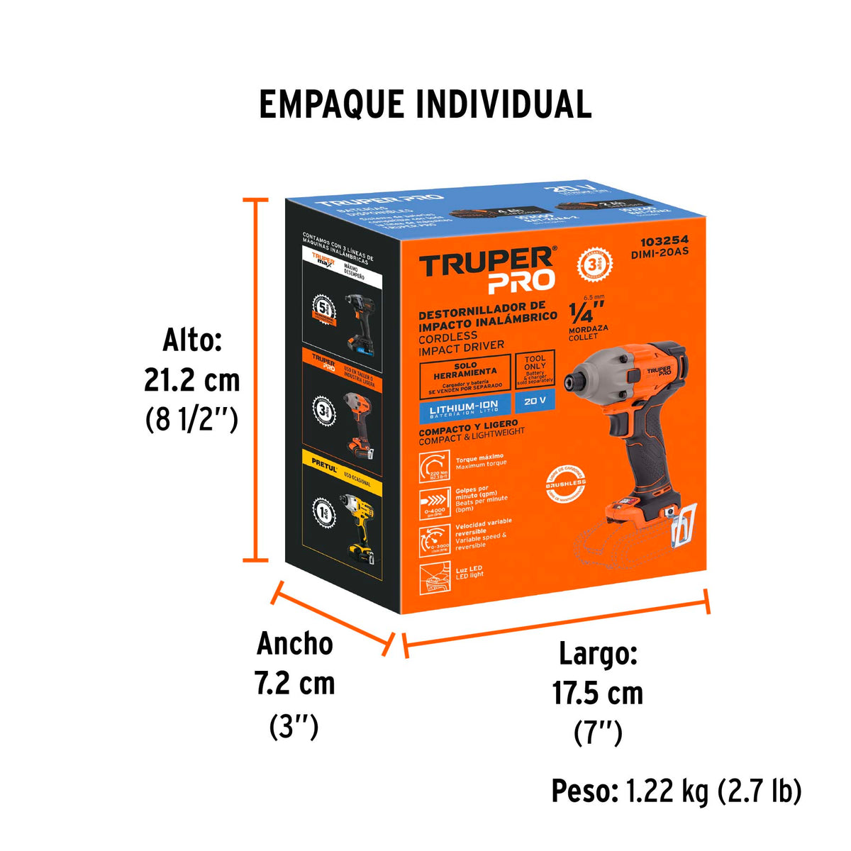 Destornillador de impacto 1/4" 20V sin accesorios PRO