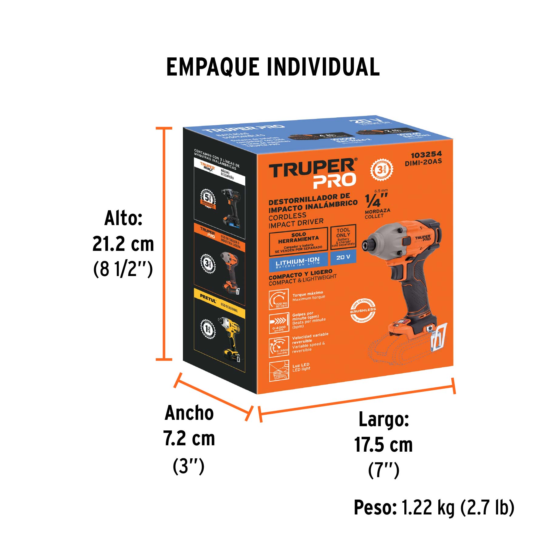 Destornillador de impacto 1/4" 20V sin accesorios PRO