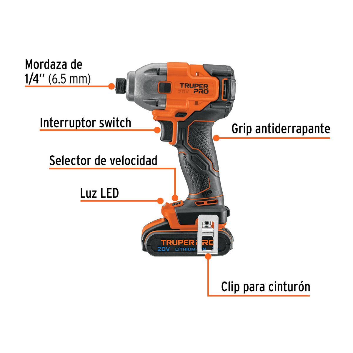 Destornillador de impacto 1/4', 20V, 1 batería 2Ah, PRO