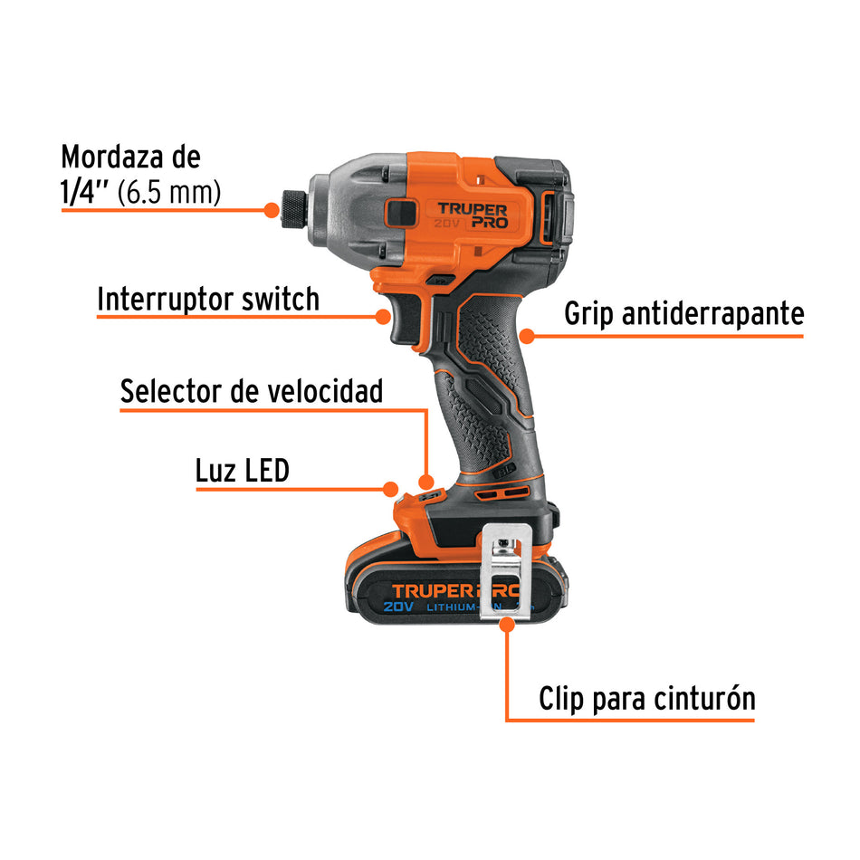 Destornillador de impacto 1/4', 20V, 1 batería 2Ah, PRO