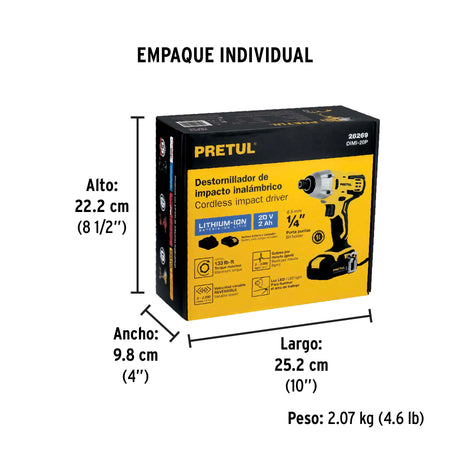 Destornillador de impacto 1/4" 20V 1 bateria 2Ah PRETUL