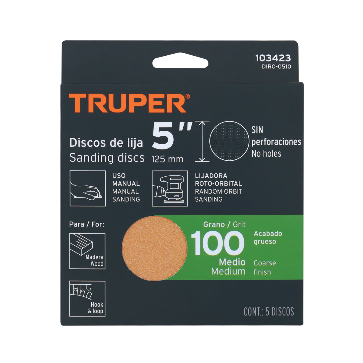 Paquete con 5 discos de lija 5" grano 100 ciegos TRUPER
