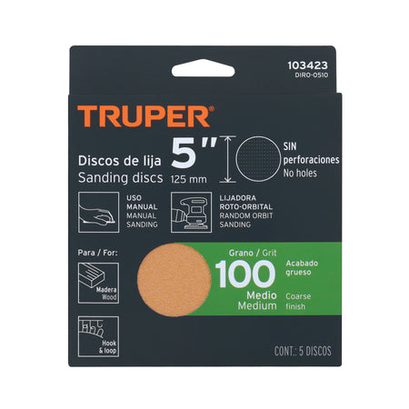 Paquete con 5 discos de lija 5" grano 100 ciegos TRUPER