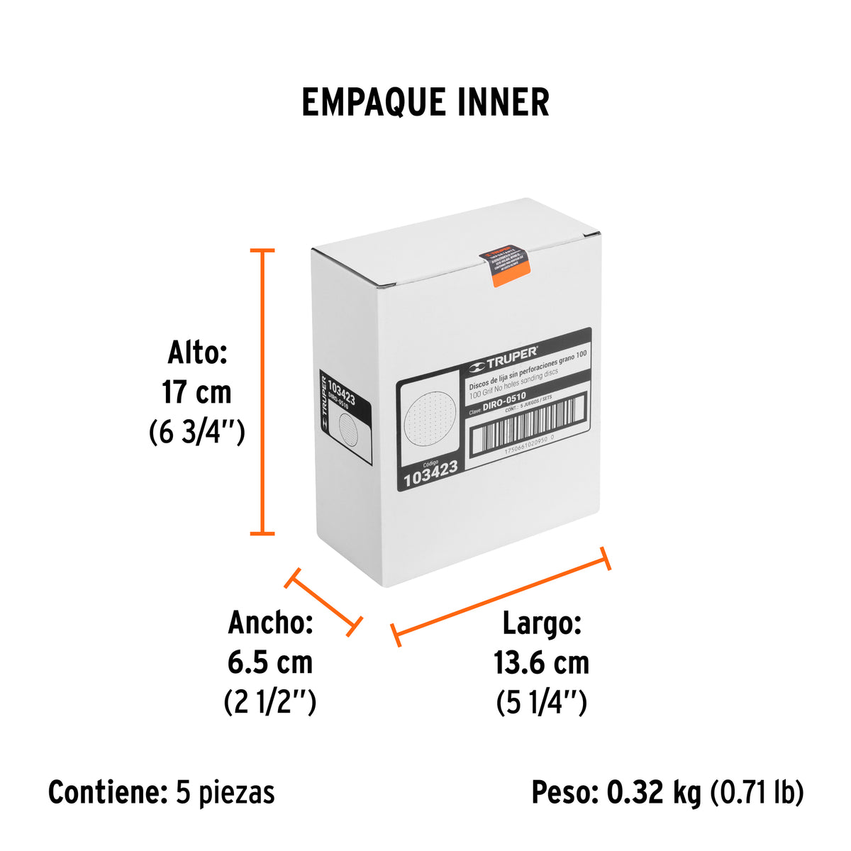 Paquete con 5 discos de lija 5" grano 100 ciegos TRUPER