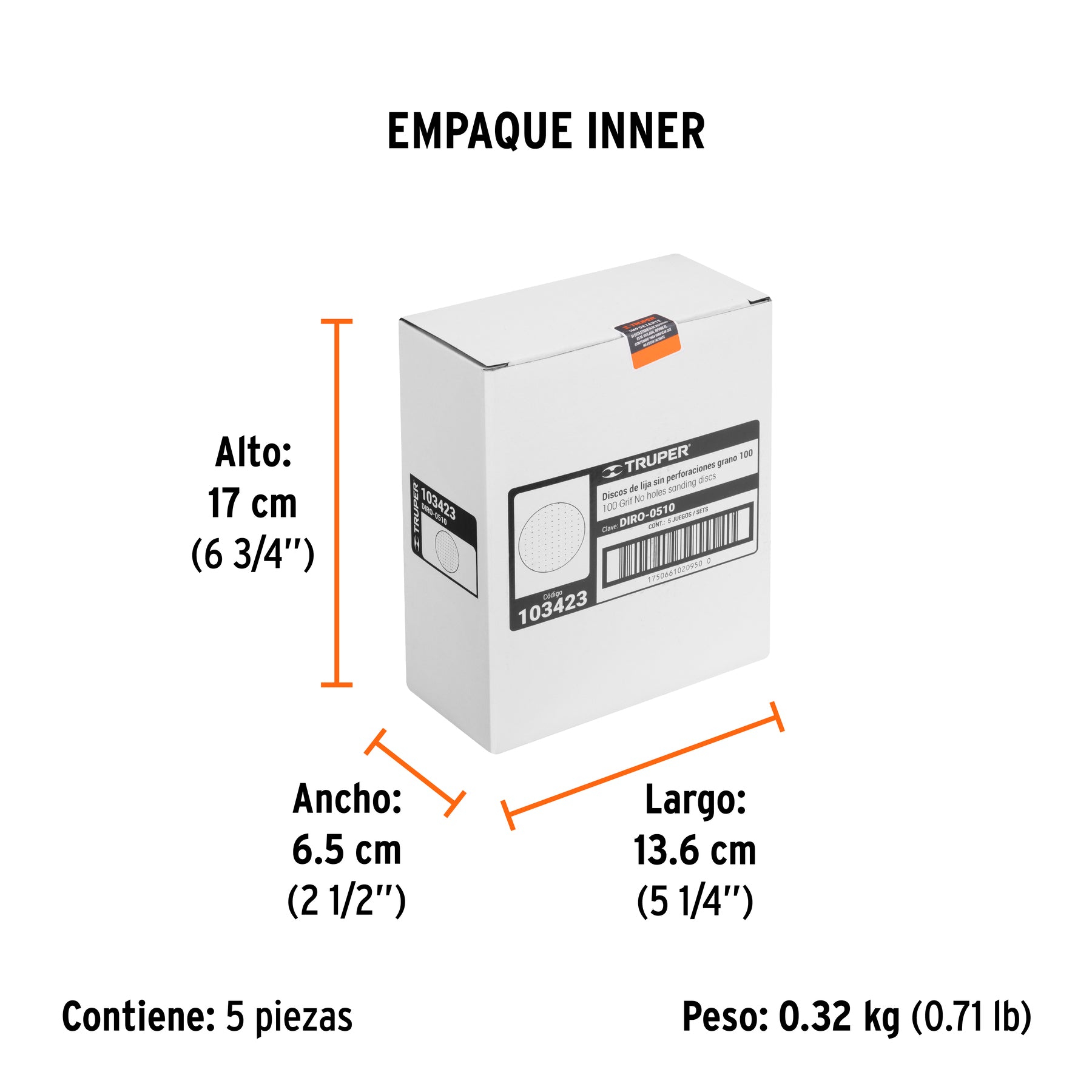 Paquete con 5 discos de lija 5" grano 100 ciegos TRUPER
