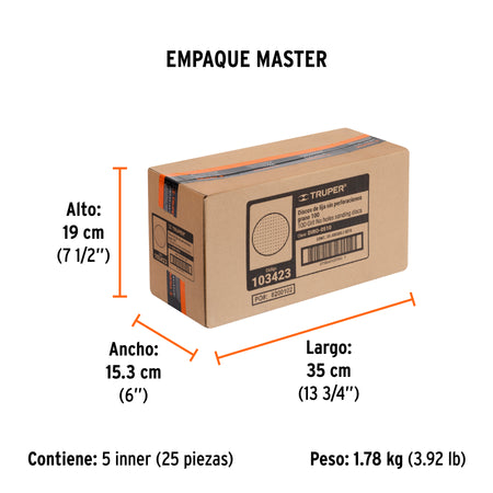Paquete con 5 discos de lija 5" grano 100 ciegos TRUPER