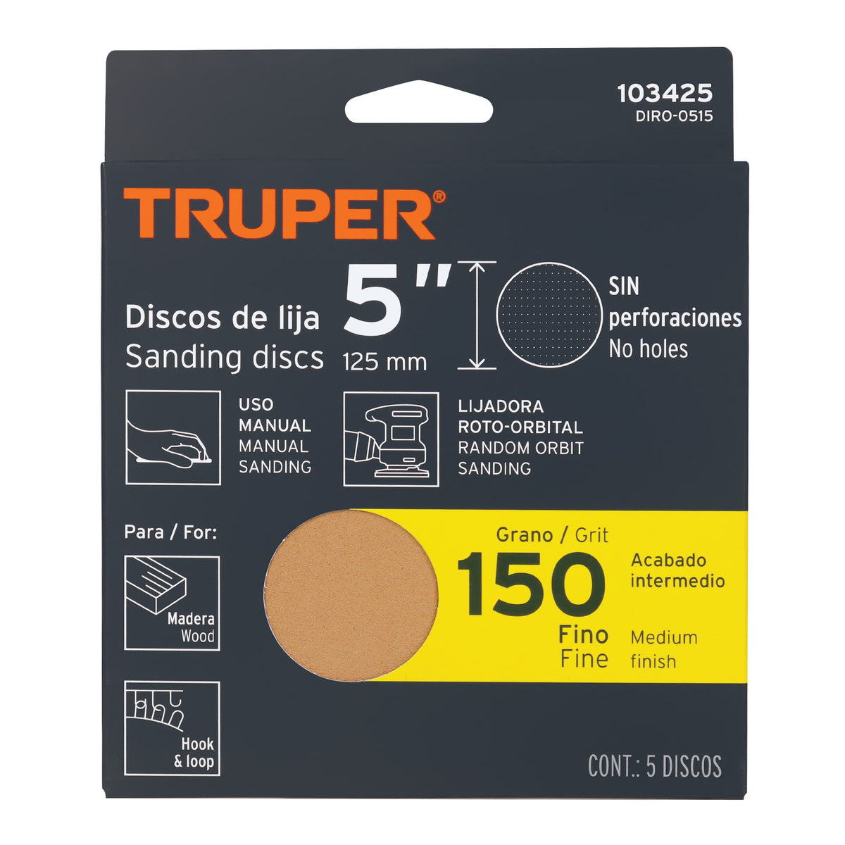 Paquete con 5 discos de lija 5" grano 150 ciegos TRUPER