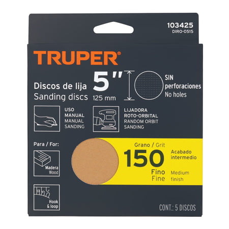 Paquete con 5 discos de lija 5" grano 150 ciegos TRUPER