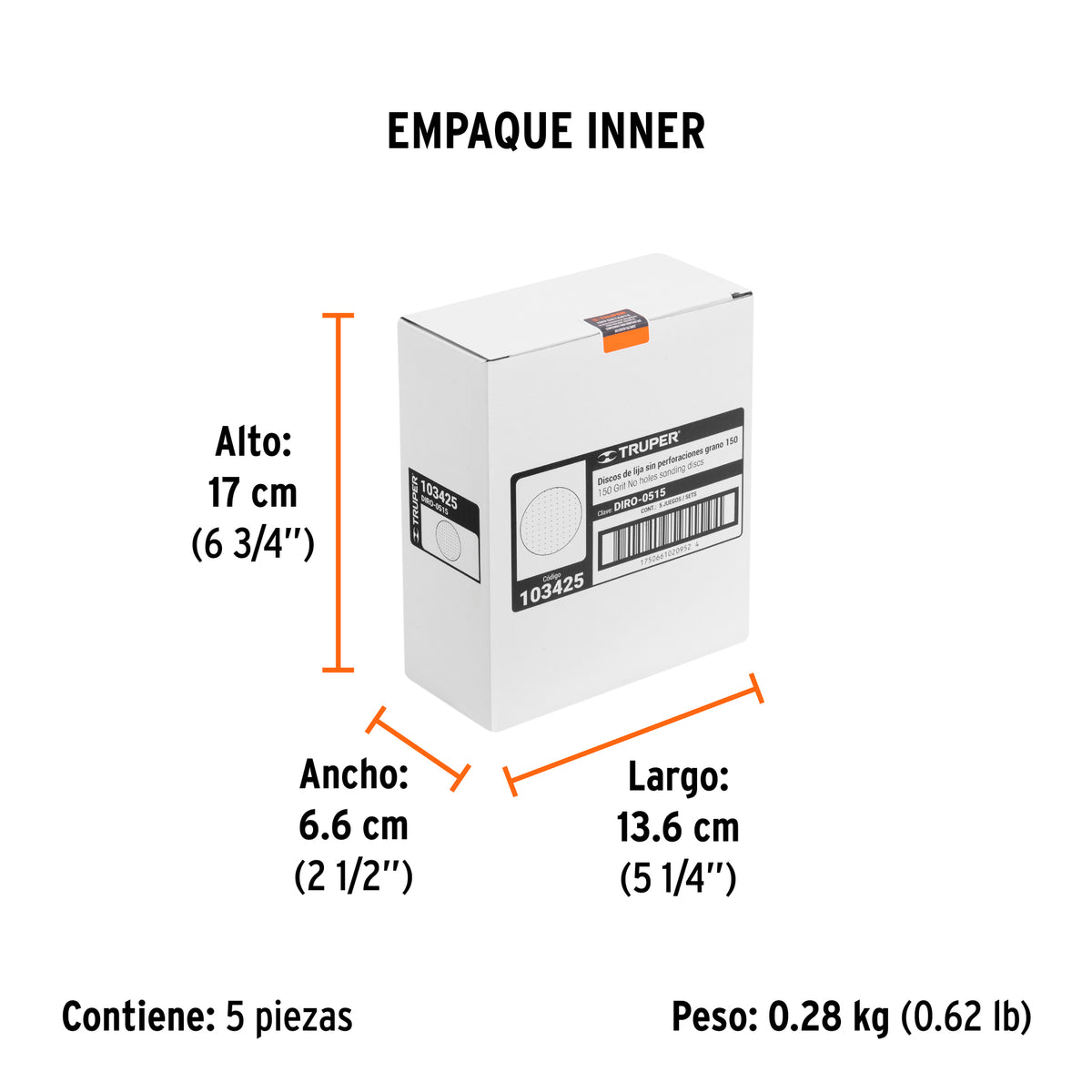 Paquete con 5 discos de lija 5" grano 150 ciegos TRUPER