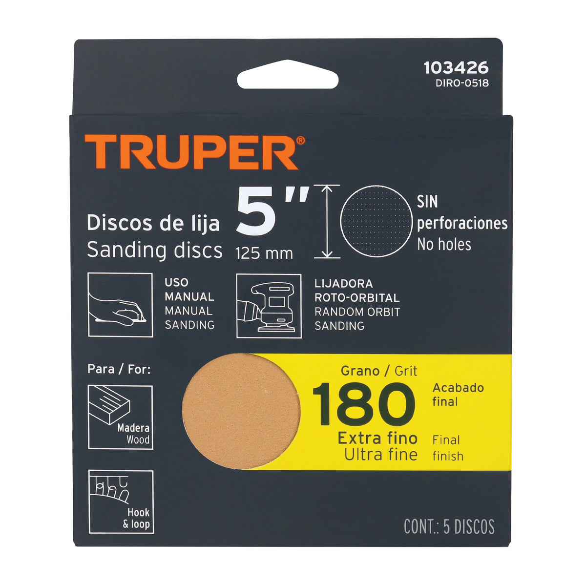 Paquete con 5 discos de lija 5" grano 180 ciegos TRUPER