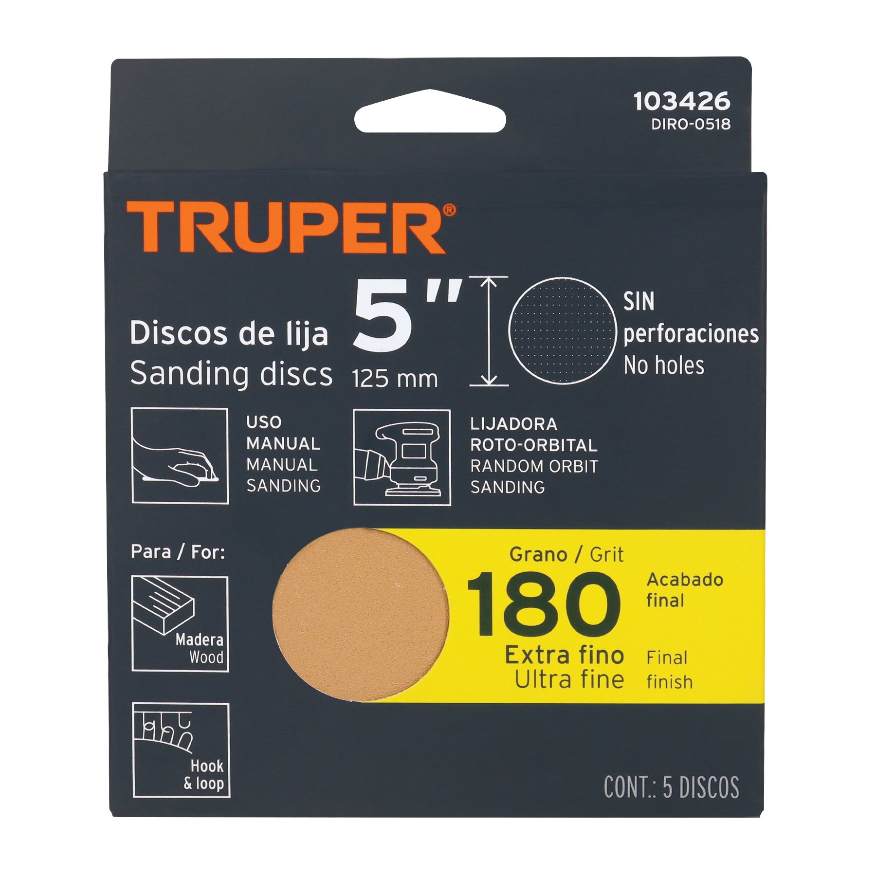 Paquete con 5 discos de lija 5" grano 180 ciegos TRUPER