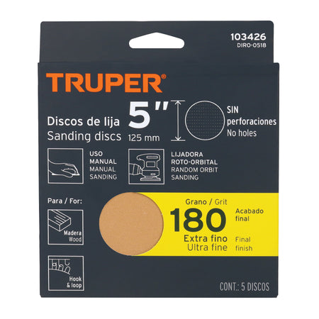 Paquete con 5 discos de lija 5" grano 180 ciegos TRUPER