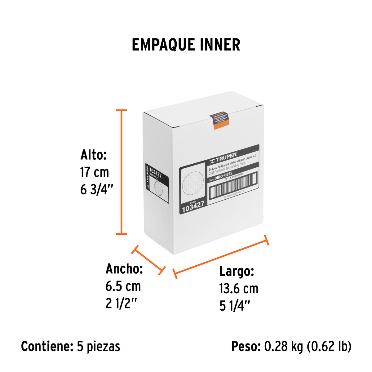 Paquete con 5 discos de lija 5" grano 220 ciegos TRUPER