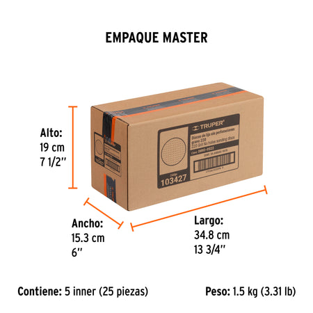 Paquete con 5 discos de lija 5" grano 220 ciegos TRUPER