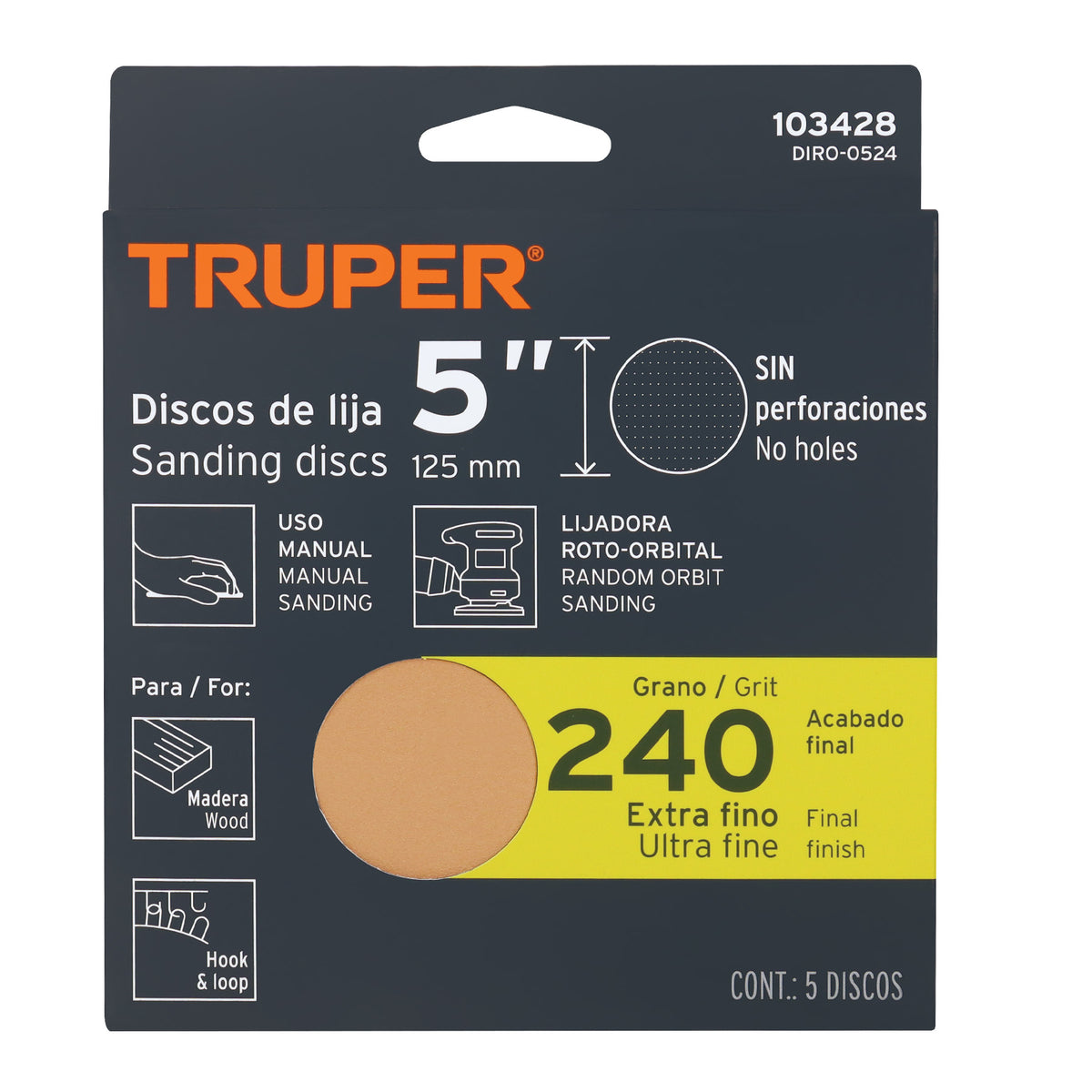 Paquete con 5 discos de lija 5" grano 240 ciegos TRUPER