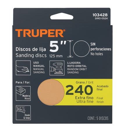 Paquete con 5 discos de lija 5" grano 240 ciegos TRUPER