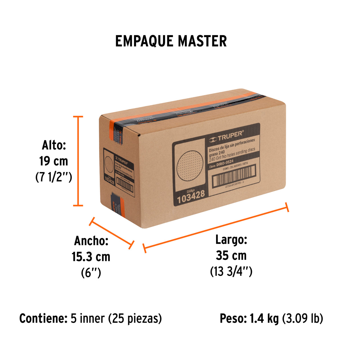 Paquete con 5 discos de lija 5" grano 240 ciegos TRUPER