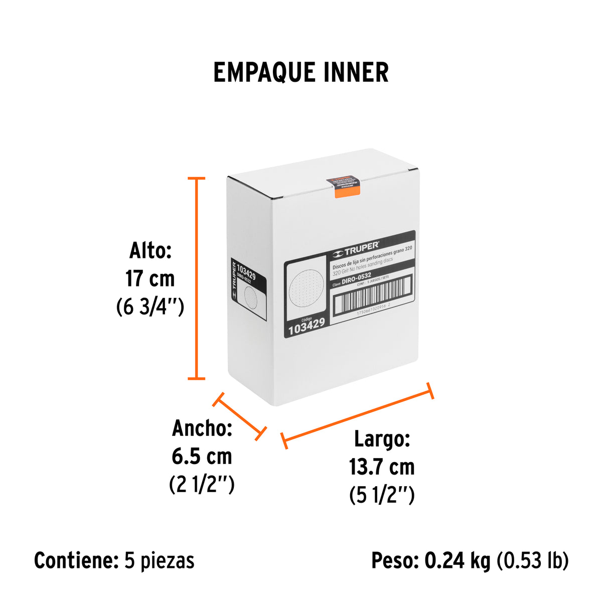 Paquete con 5 discos de lija 5" grano 320 ciegos TRUPER