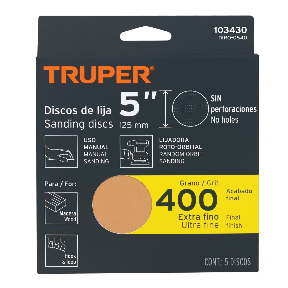 Paquete con 5 discos de lija 5" grano 400 ciegos TRUPER