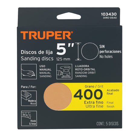Paquete con 5 discos de lija 5" grano 400 ciegos TRUPER