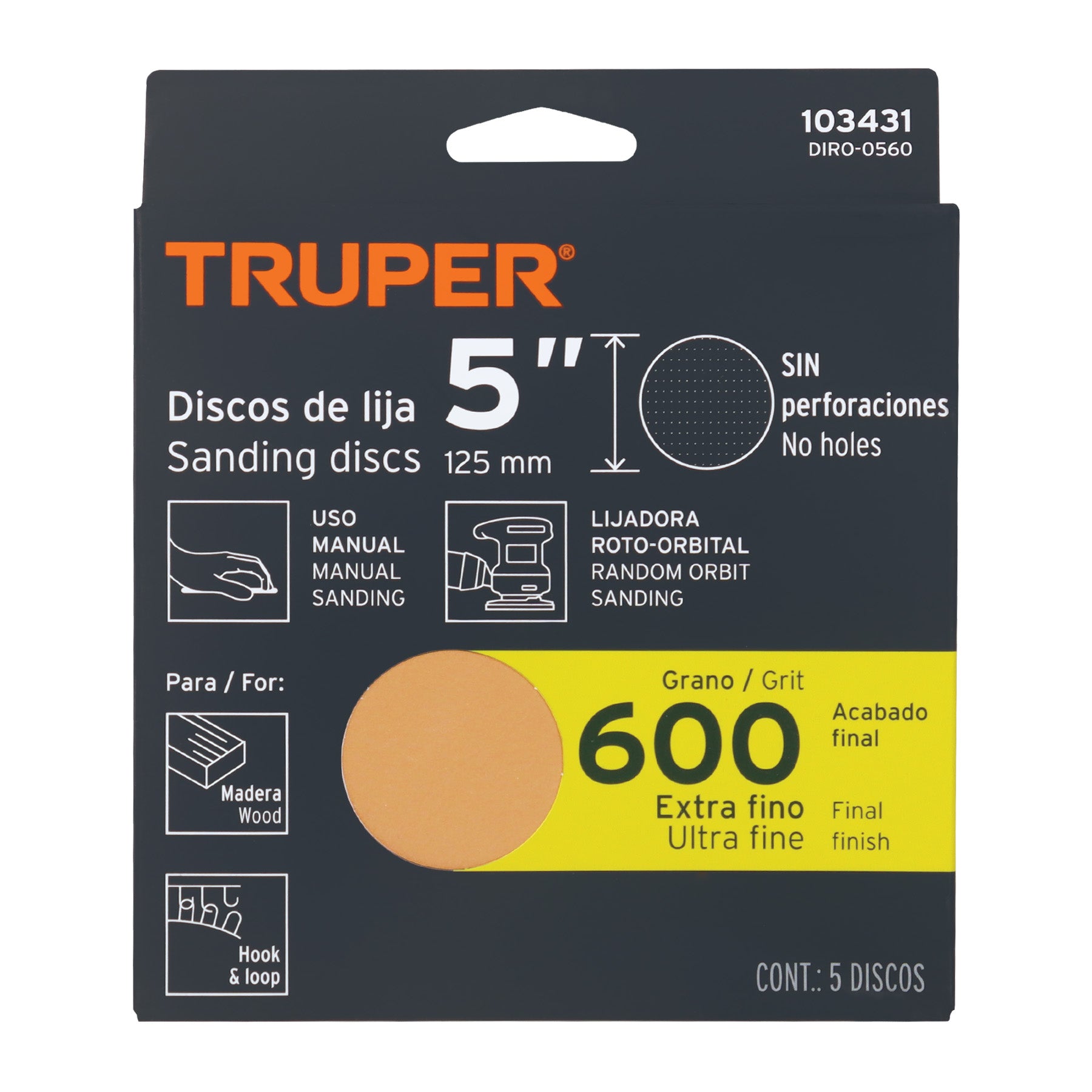 Paquete con 5 discos de lija 5" grano 600 ciegos TRUPER