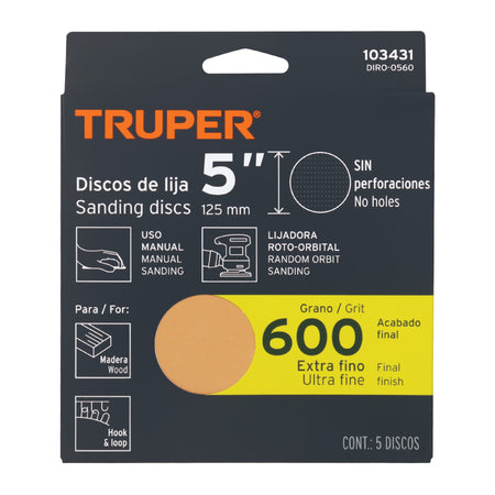 Paquete con 5 discos de lija 5" grano 600 ciegos TRUPER