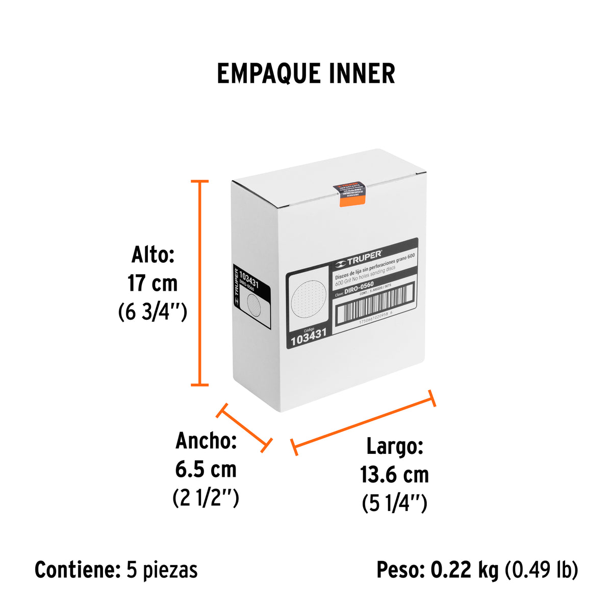 Paquete con 5 discos de lija 5" grano 600 ciegos TRUPER