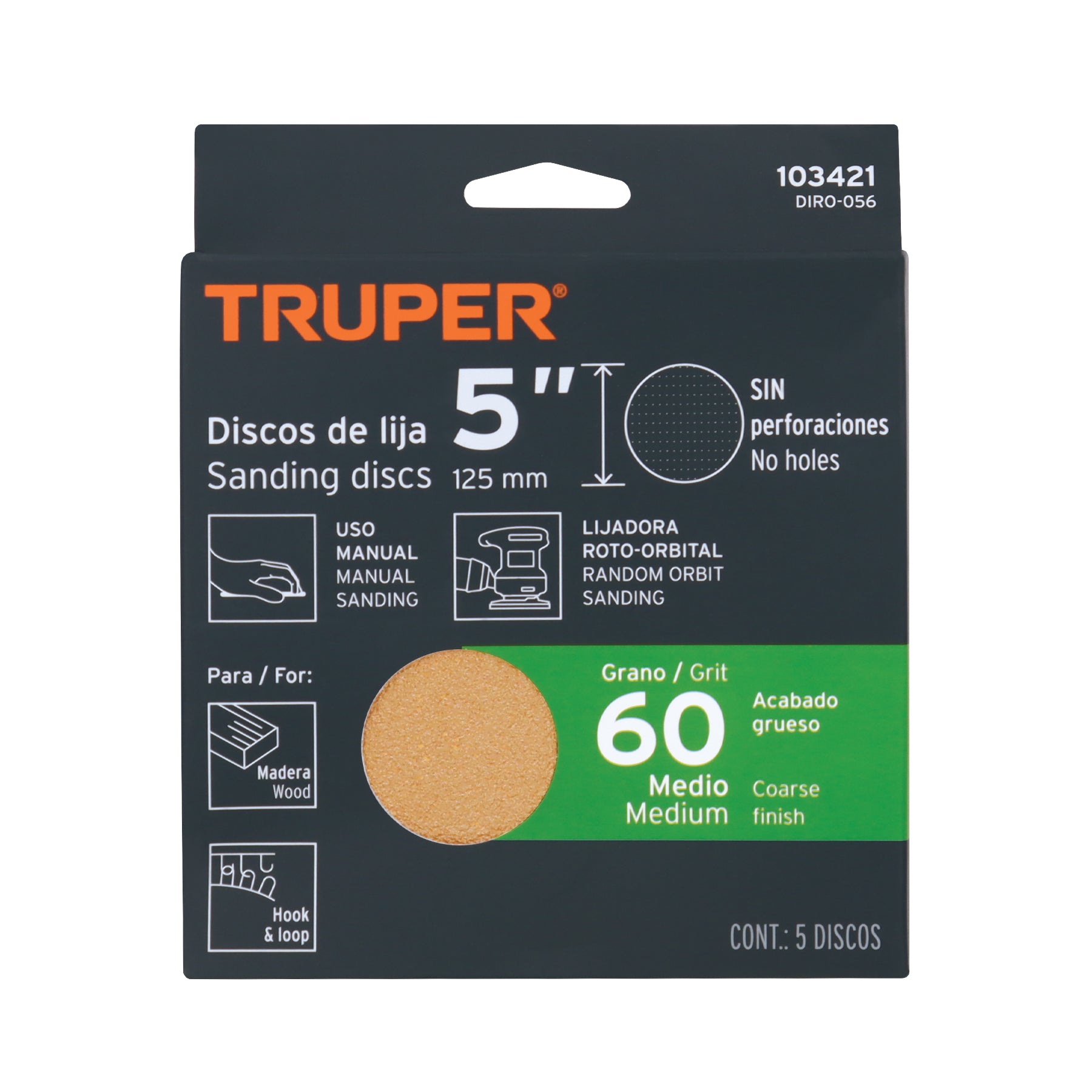 Paquete con 5 discos de lija 5" grano 60 ciegos TRUPER