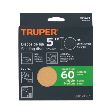 Paquete con 5 discos de lija 5" grano 60 ciegos TRUPER