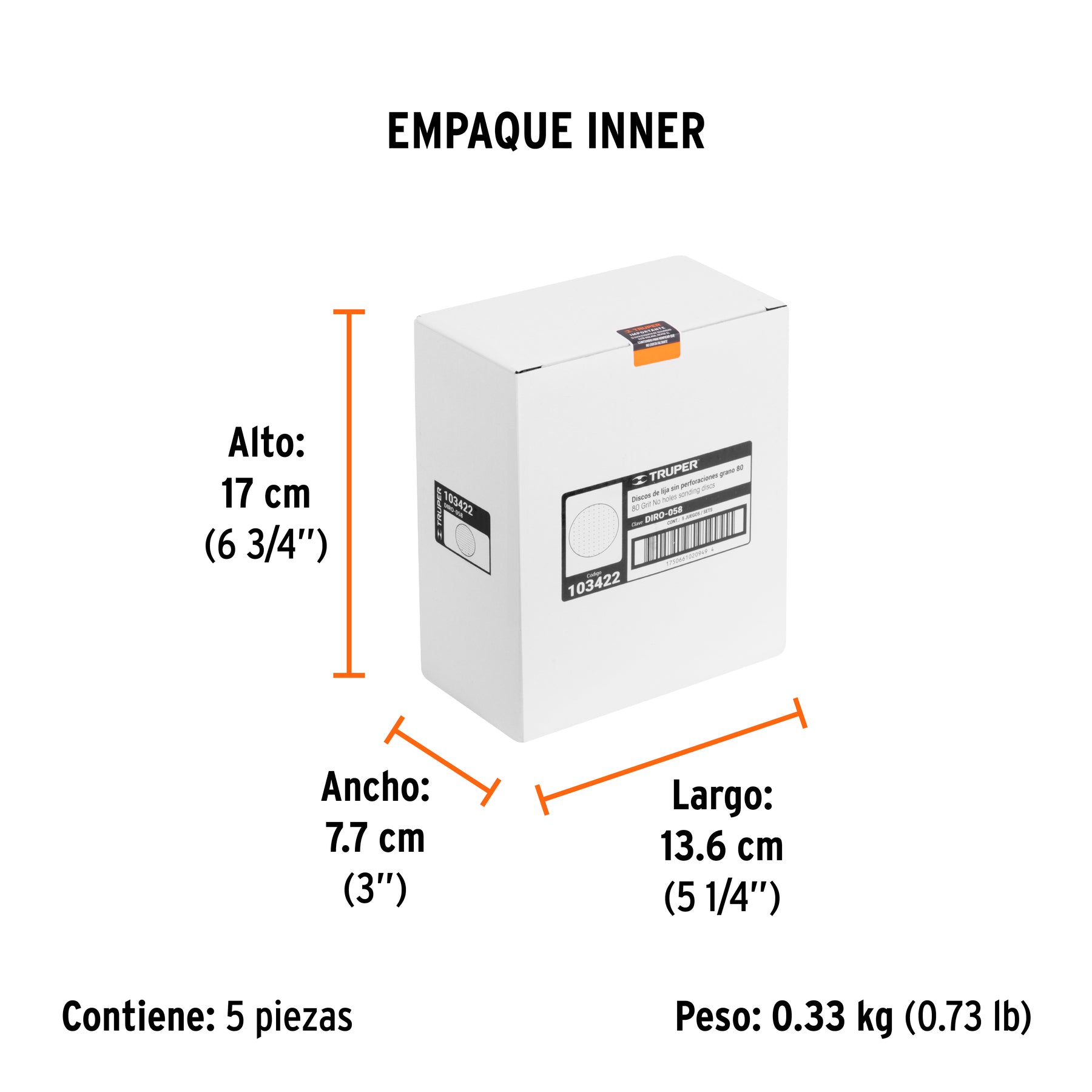 Paquete con 5 discos de lija 5" grano 80 ciegos TRUPER