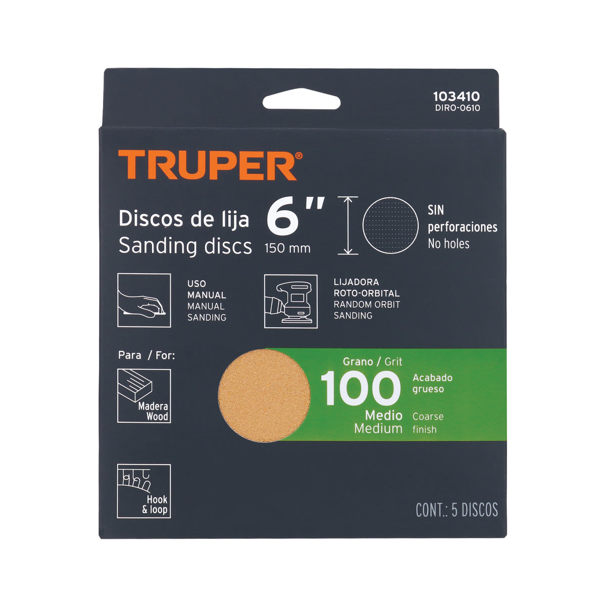 Paquete c/5 discos de lija 6" grano 100 ciegos