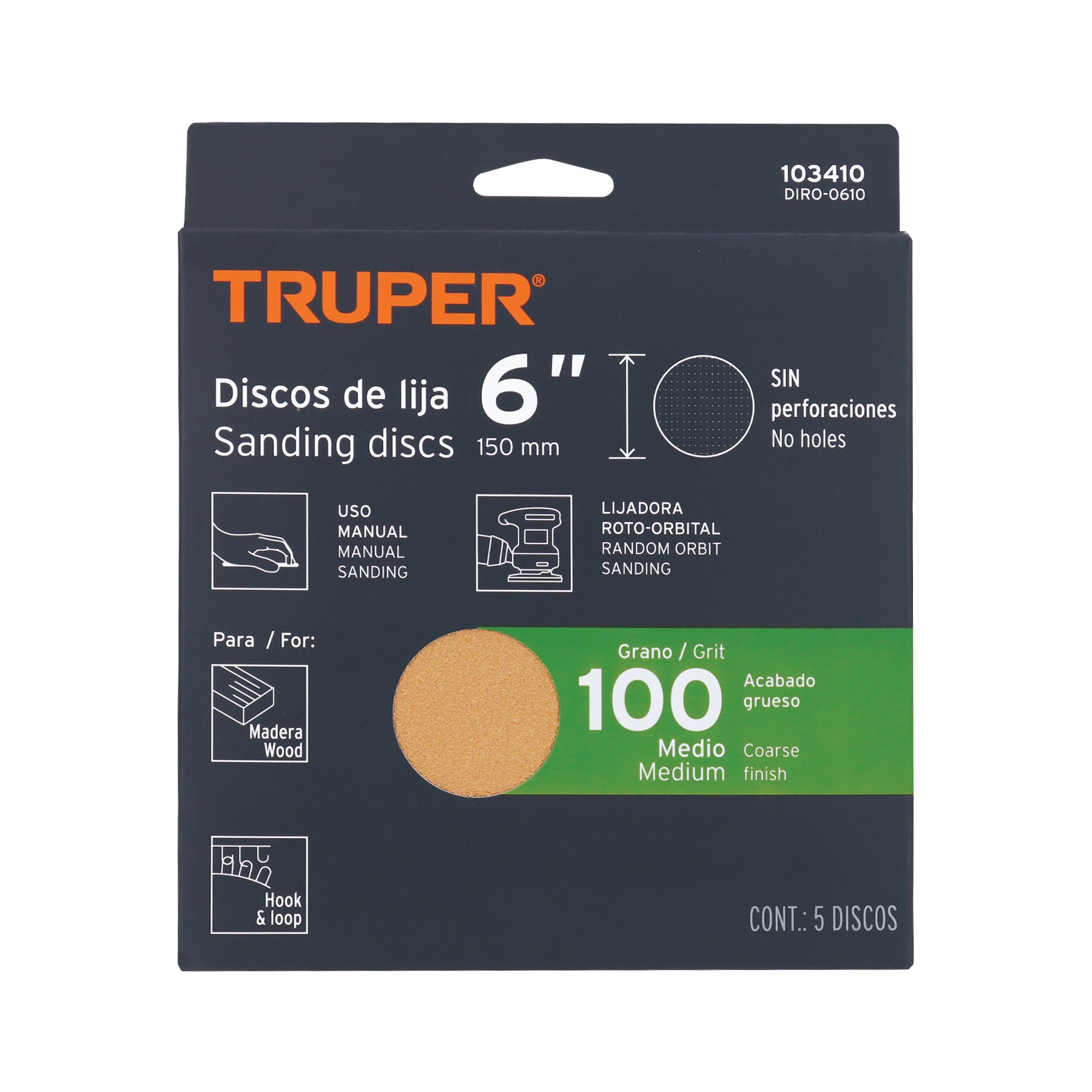 Paquete c/5 discos de lija 6" grano 100 ciegos