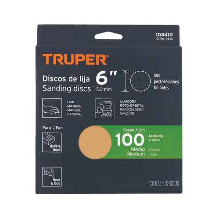 Paquete c/5 discos de lija 6" grano 100 ciegos