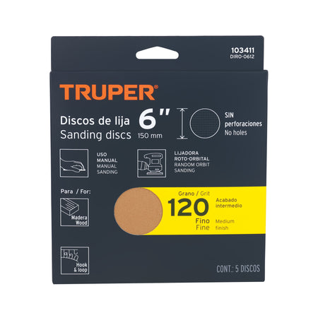 Paquete c/5 discos de lija 6" grano 120 ciegos