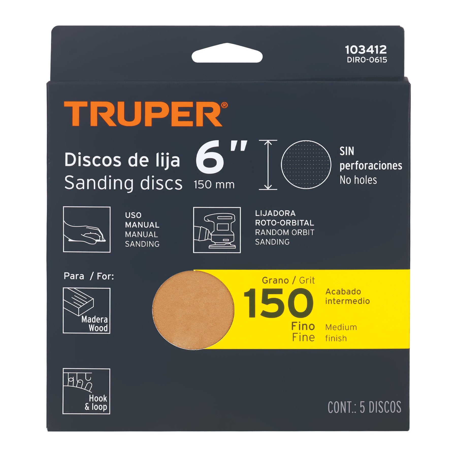 Paquete c/5 discos de lija 6" grano 150 ciegos