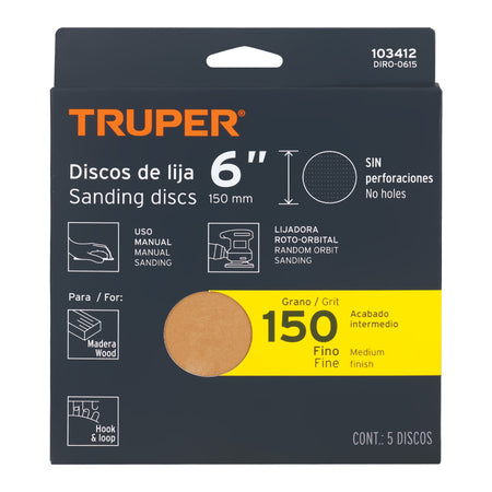 Paquete c/5 discos de lija 6" grano 150 ciegos