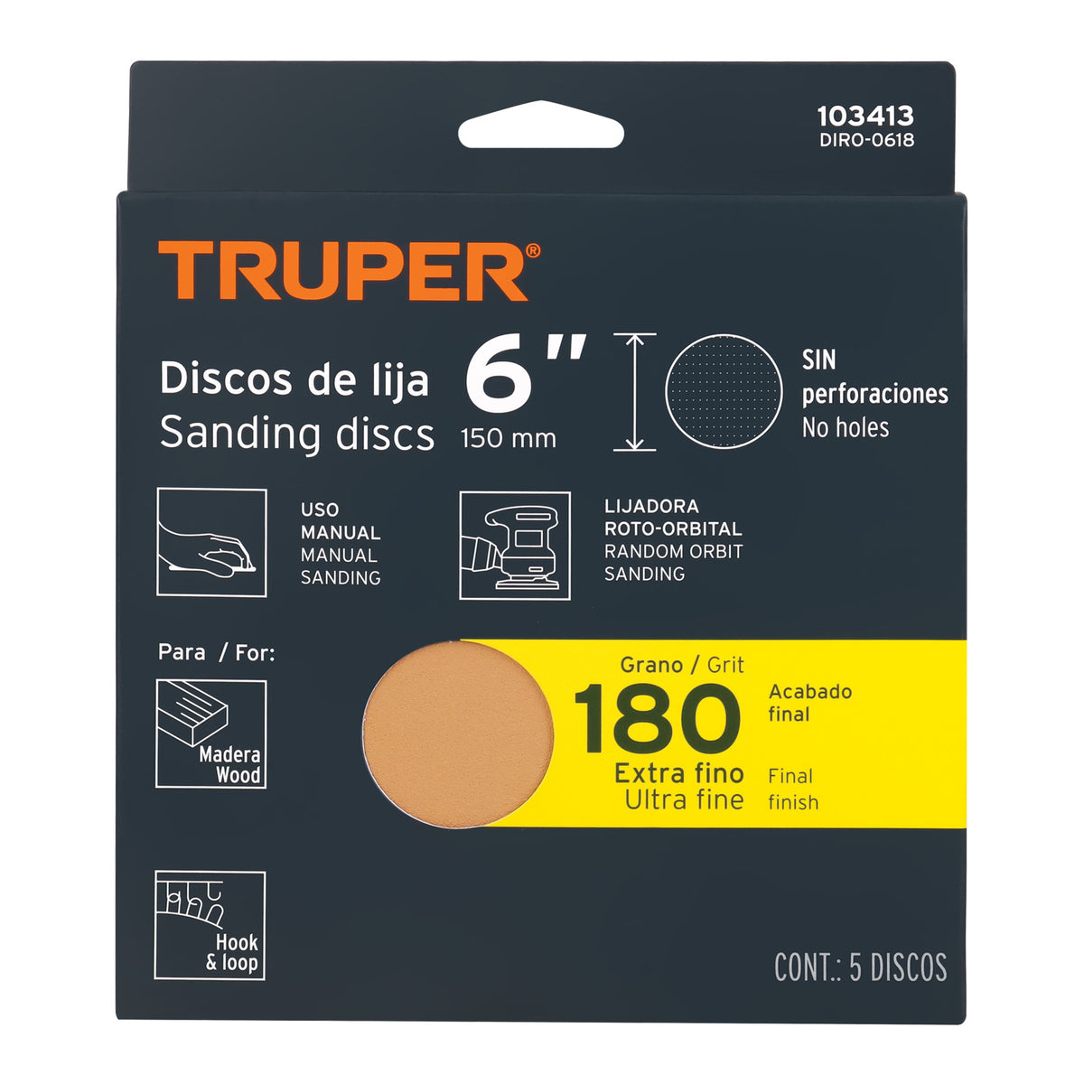 Paquete c/5 discos de lija 6" grano 180 ciegos