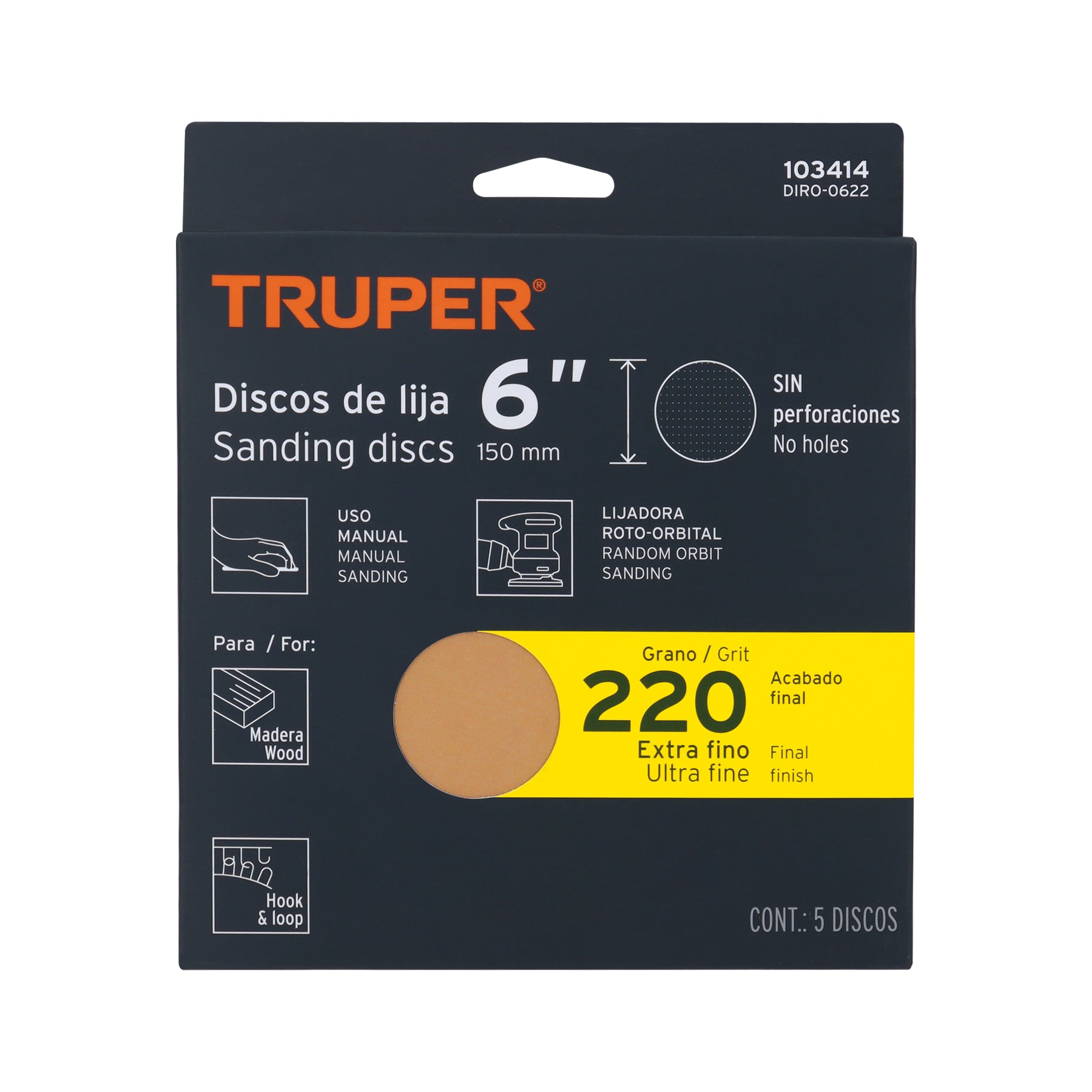 Paquete c/5 discos de lija 6" grano 220 ciegos
