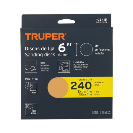 Paquete c/5 discos de lija 6" grano 240 ciegos