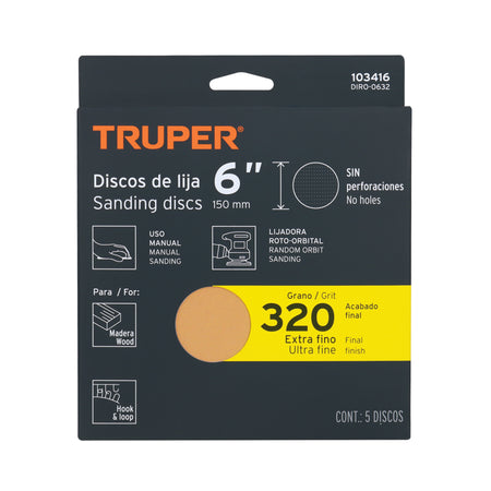 Paquete c/5 discos de lija 6" grano 320 ciegos