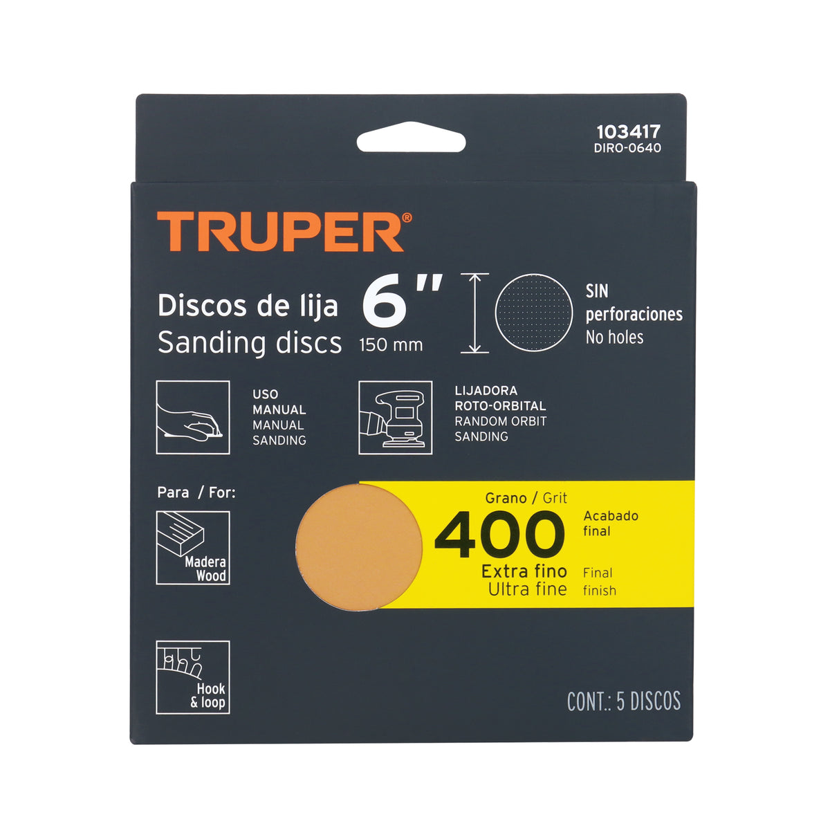Paquete c/5 discos de lija 6" grano 400 ciegos