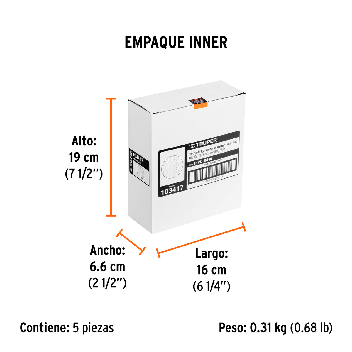 Paquete c/5 discos de lija 6" grano 400 ciegos