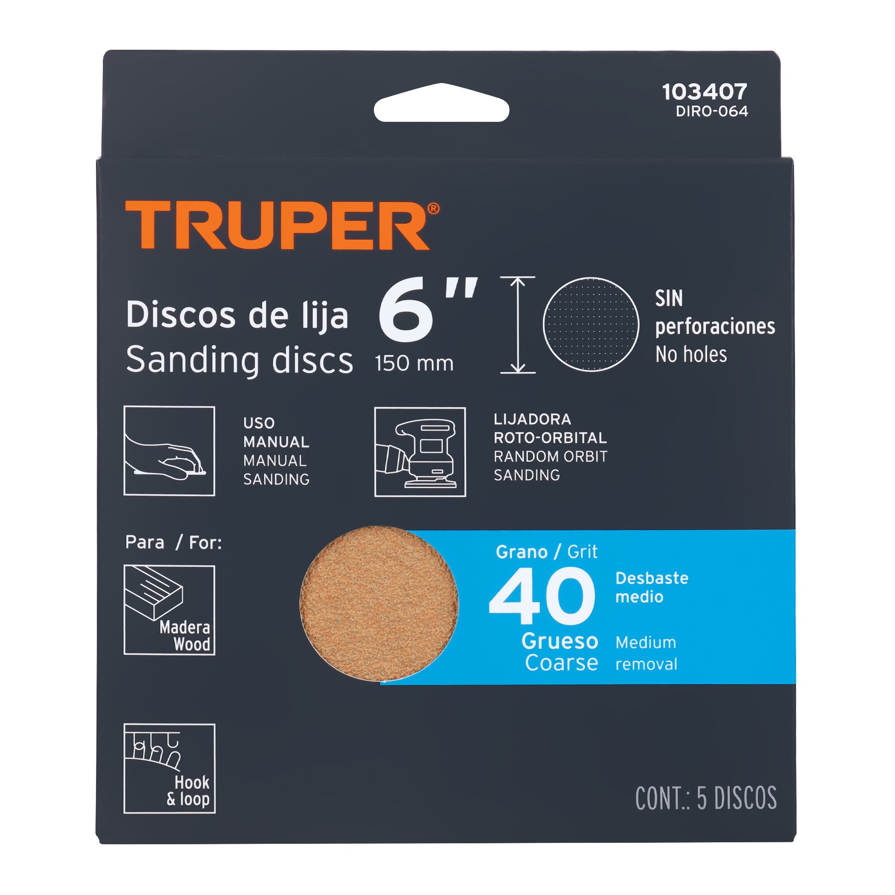 Paquete c/5 discos de lija 6" grano 40 ciegos