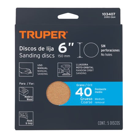 Paquete c/5 discos de lija 6" grano 40 ciegos