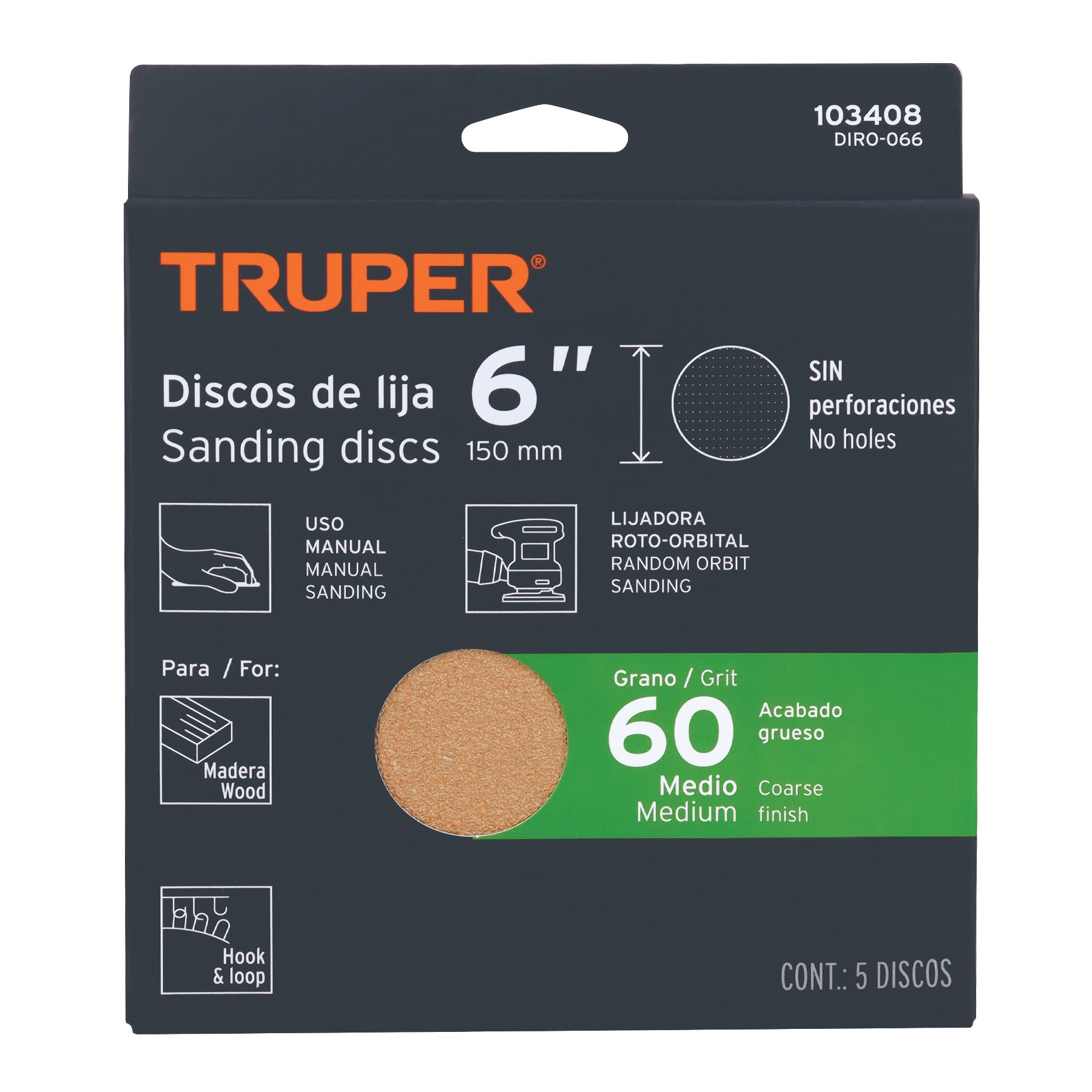 Paquete c/5 discos de lija 6" grano 60 ciegos